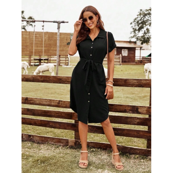 Kadın Kısa Kollu Yakalı önden Düğmeli Beli Kuşaklı Bürümcük Elbise