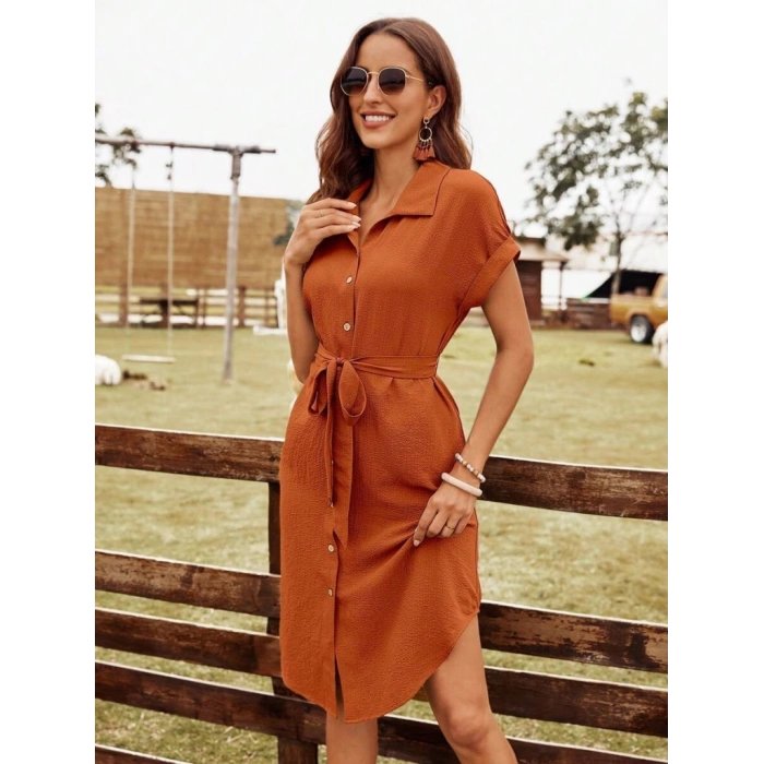 Kadın Kısa Kollu Yakalı önden Düğmeli Beli Kuşaklı Bürümcük Elbise