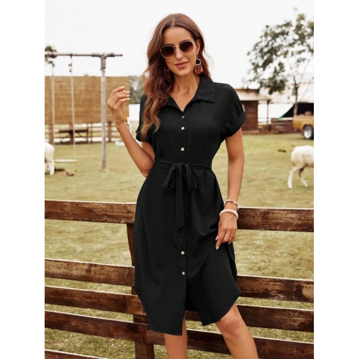 Kadın Kısa Kollu Yakalı önden Düğmeli Beli Kuşaklı Bürümcük Elbise