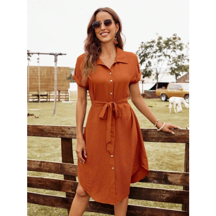 Kadın Kısa Kollu Yakalı önden Düğmeli Beli Kuşaklı Bürümcük Elbise
