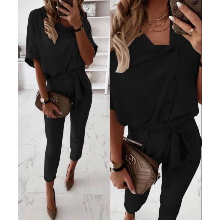 Kadın Kısa Kollu Yakalı önden Düğmeli Bürümcük Bluz Ve Pantolon Ikili Takım