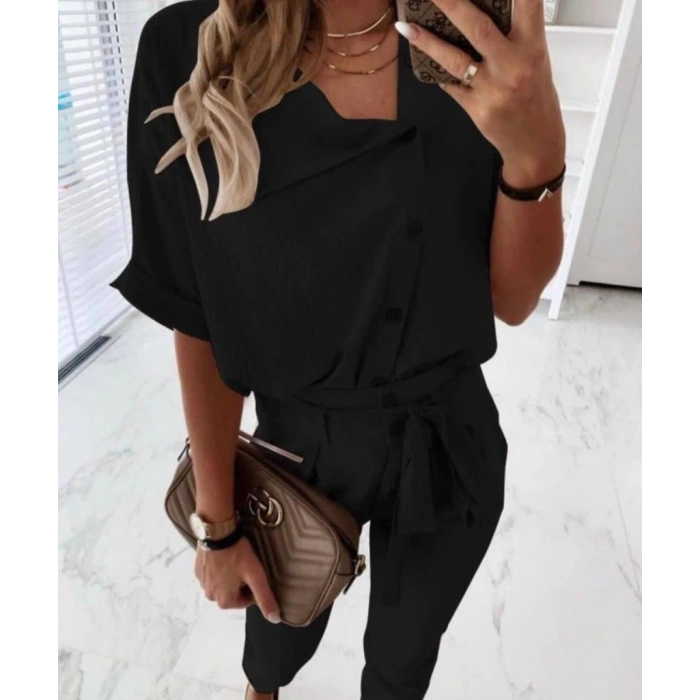 Kadın Kısa Kollu Yakalı önden Düğmeli Bürümcük Bluz Ve Pantolon Ikili Takım