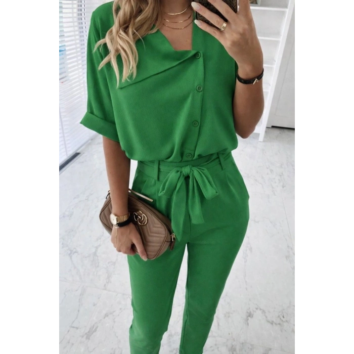Kadın Kısa Kollu Yakalı önden Düğmeli Bürümcük Bluz Ve Pantolon Ikili Takım