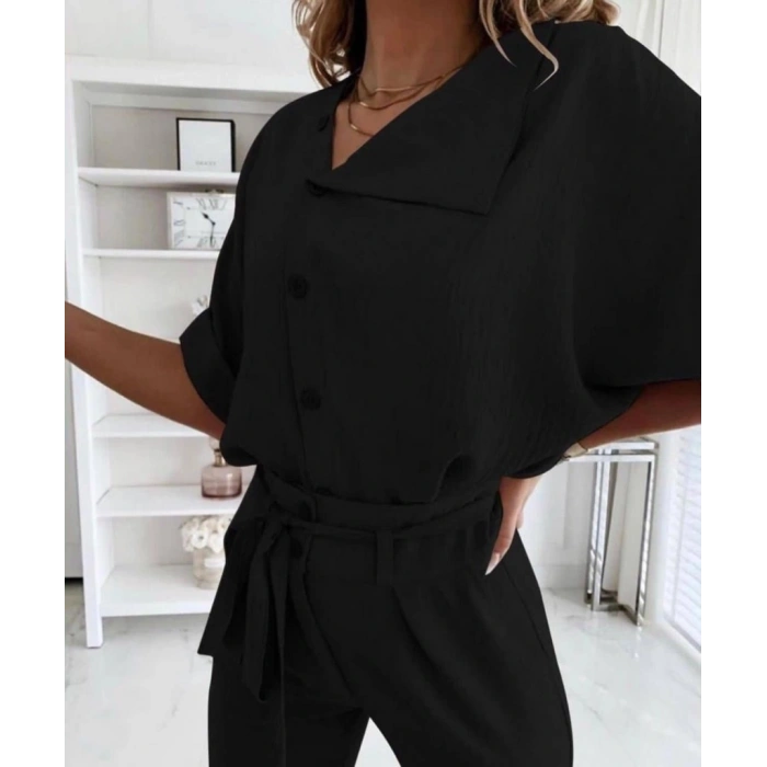 Kadın Kısa Kollu Yakalı önden Düğmeli Bürümcük Bluz Ve Pantolon Ikili Takım