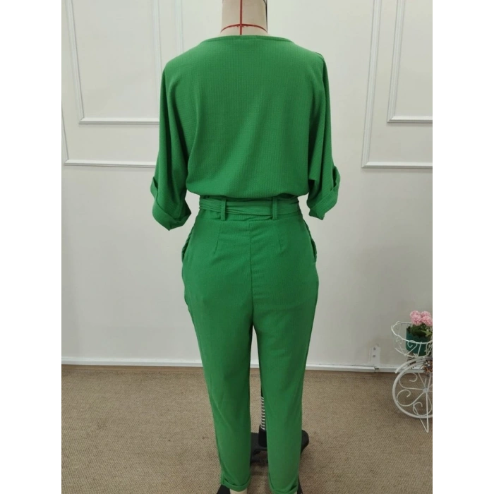 Kadın Kısa Kollu Yakalı önden Düğmeli Bürümcük Bluz Ve Pantolon Ikili Takım