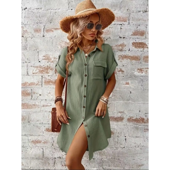 Kadın Kısa Kollu Yakalı önden Düğmeli Bürümcük Kısa Elbise