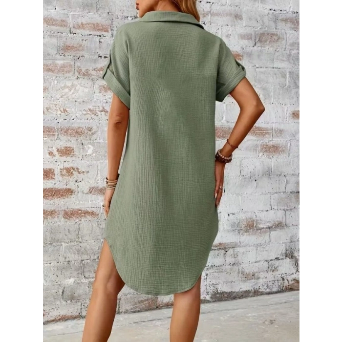 Kadın Kısa Kollu Yakalı önden Düğmeli Bürümcük Kısa Elbise