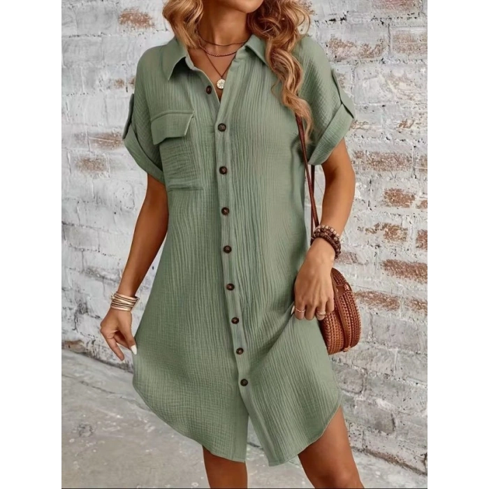 Kadın Kısa Kollu Yakalı önden Düğmeli Bürümcük Kısa Elbise
