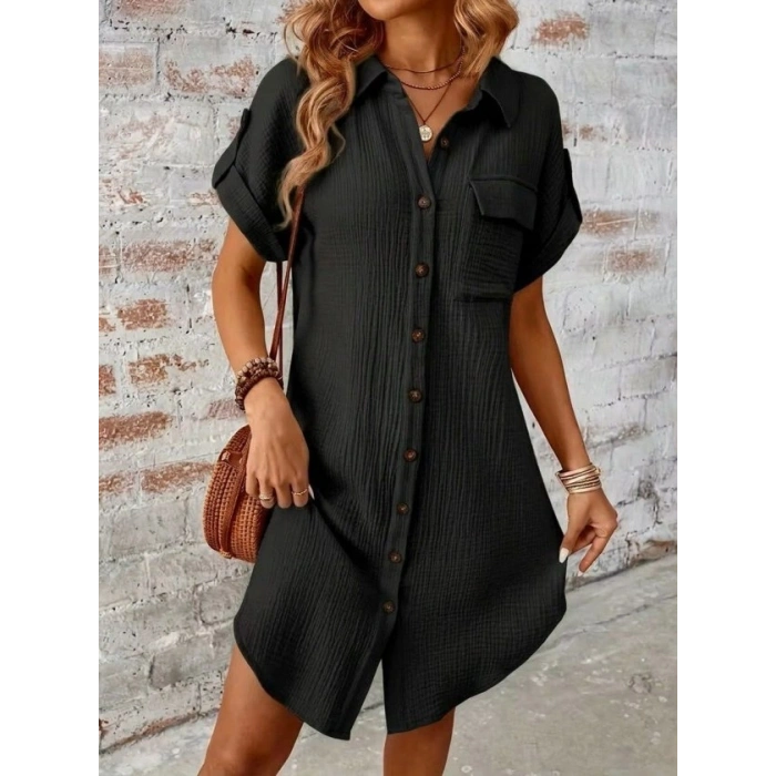 Kadın Kısa Kollu Yakalı önden Düğmeli Bürümcük Kısa Elbise