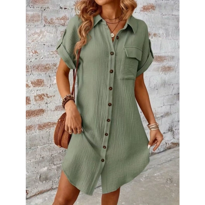 Kadın Kısa Kollu Yakalı önden Düğmeli Bürümcük Kısa Elbise