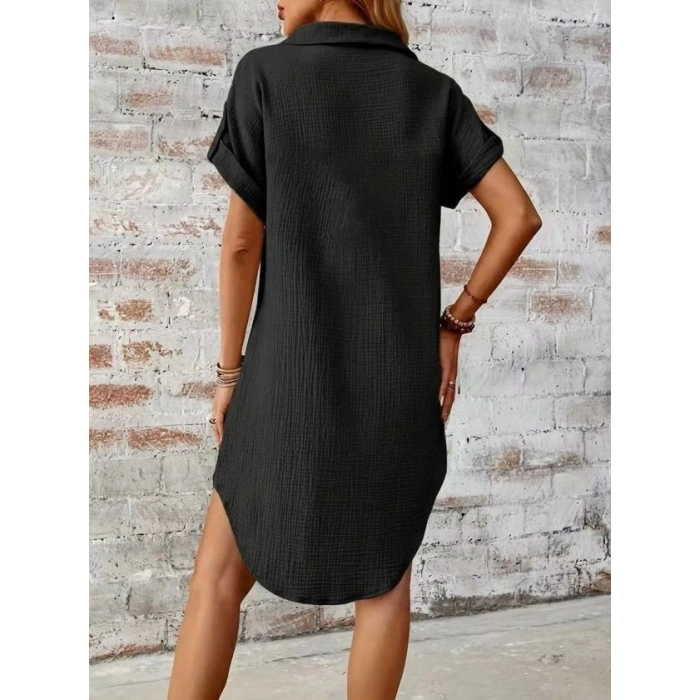 Kadın Kısa Kollu Yakalı önden Düğmeli Bürümcük Kısa Elbise