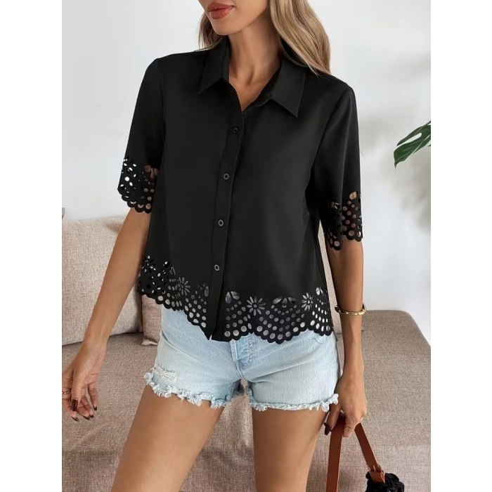 Kadın Kısa Kollu Yakalı önden Düğmeli Dubai Gömlek Bluz