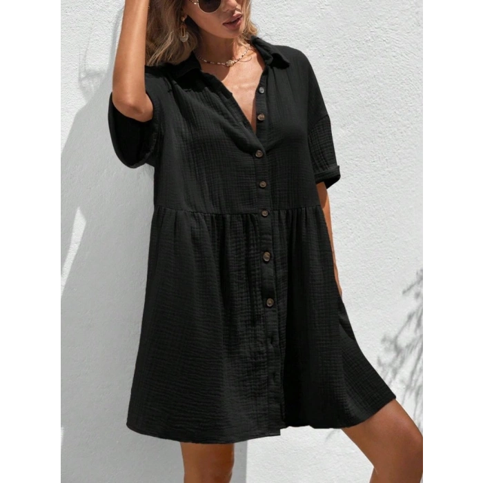 Kadın Kısa Kollu Yakalı önden Düğmeli Kısa Bürümcük Elbise