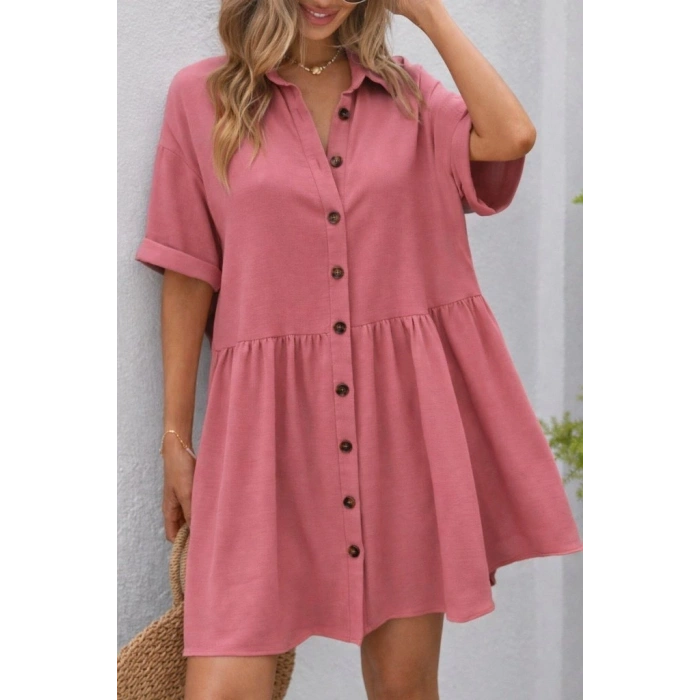 Kadın Kısa Kollu Yakalı önden Düğmeli Kısa Bürümcük Elbise