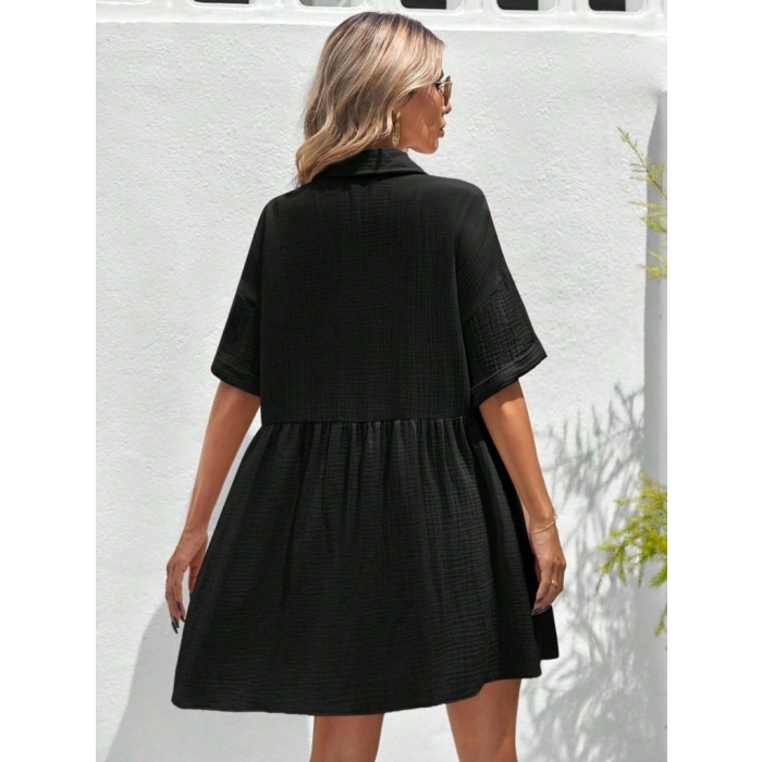 Kadın Kısa Kollu Yakalı önden Düğmeli Kısa Bürümcük Elbise
