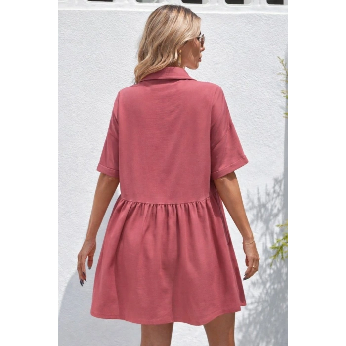 Kadın Kısa Kollu Yakalı önden Düğmeli Kısa Bürümcük Elbise