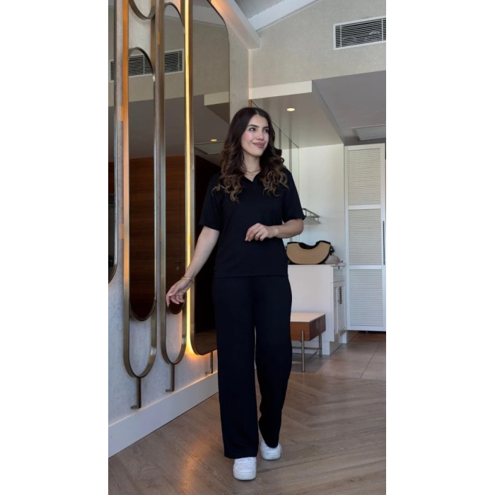 Kadın Kısa Kollu Yakalı Viskon Iki Iplik Bluz Ve Pantolon Ikili Takım