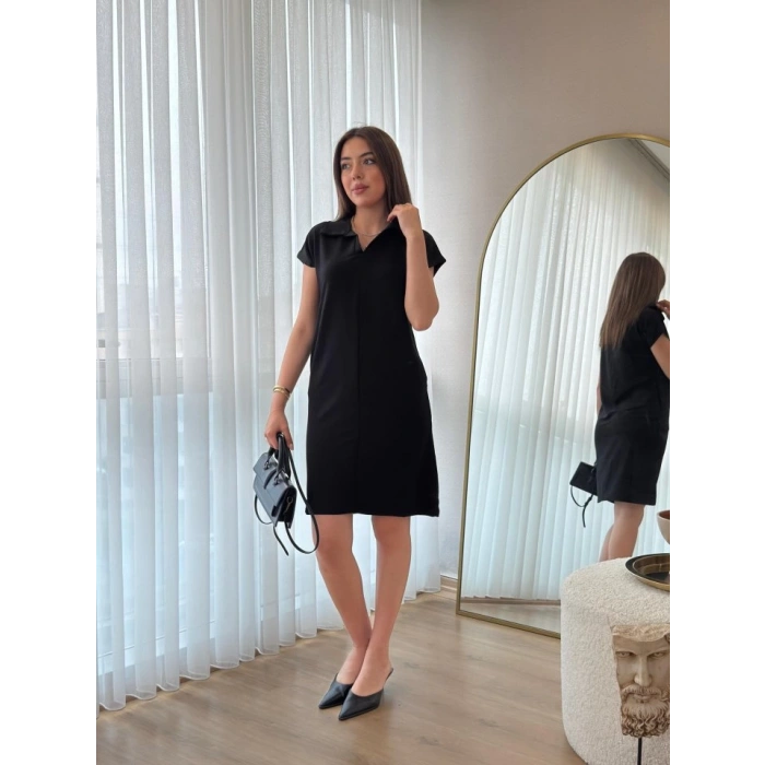 Kadın Kısa Kollu Yakalı Viskon Iki Iplik Elbise