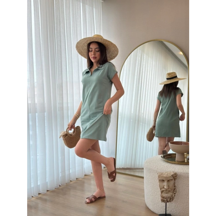 Kadın Kısa Kollu Yakalı Viskon Iki Iplik Elbise