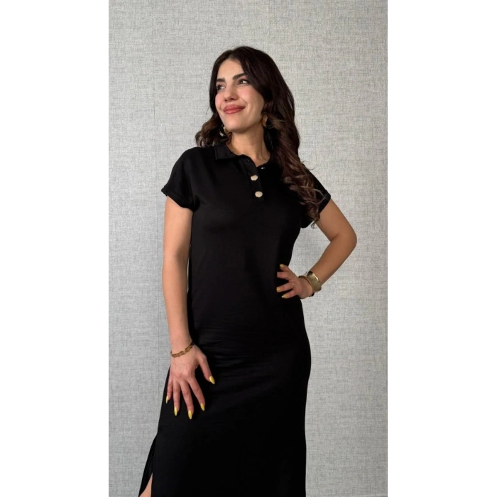 Kadın Kısa Kollu Yakalı Yandan Yırtmaçlı Viskon Iki Iplik Elbise