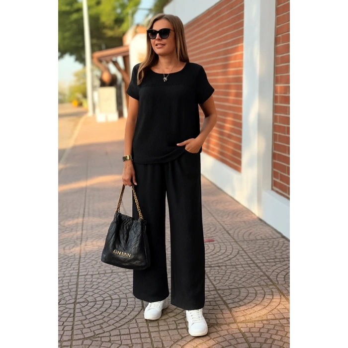 Kadın Kısa Kollu Yakası Açık Aerobin Bluz Ve Pantolon Ikili Takım