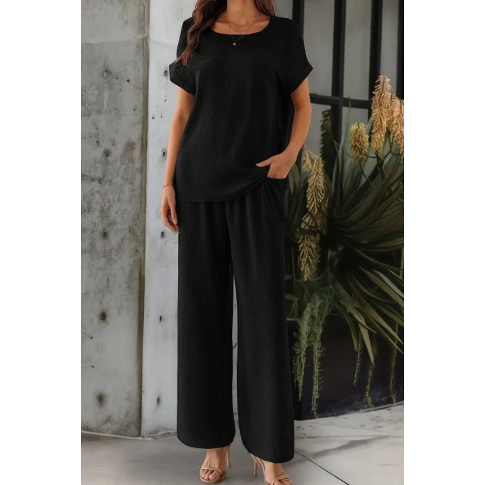 Kadın Kısa Kollu Yakası Açık Aerobin Bluz Ve Pantolon Ikili Takım