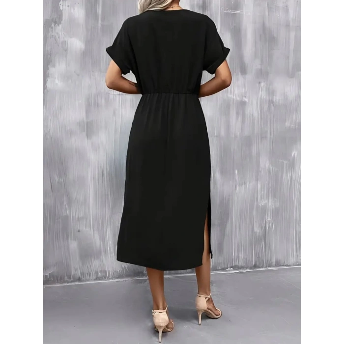 Kadın Kısa Kollu Yakası Açık Belden Bağlamalı Yırtmaçlı Viskon Elbise