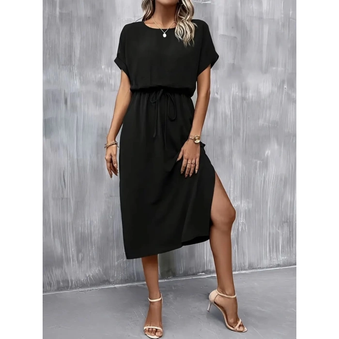 Kadın Kısa Kollu Yakası Açık Belden Bağlamalı Yırtmaçlı Viskon Elbise