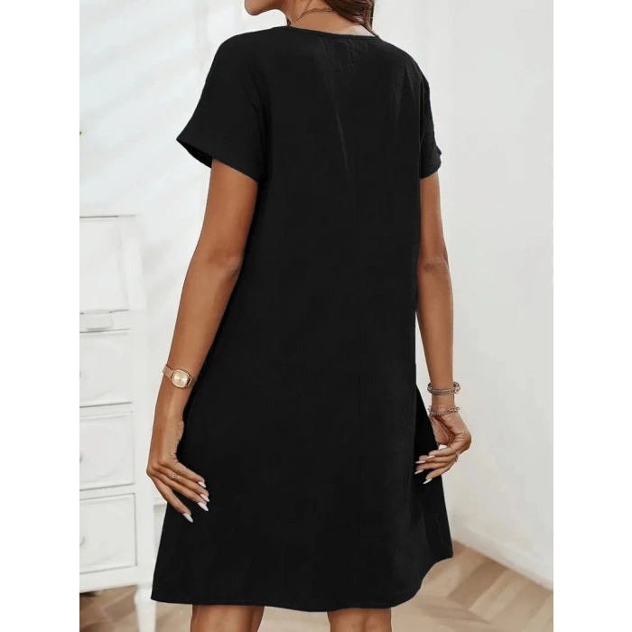 Kadın Kısa Kollu Yakası Açık Fermuarlı Cep Detaylı Ithal Keten Elbise