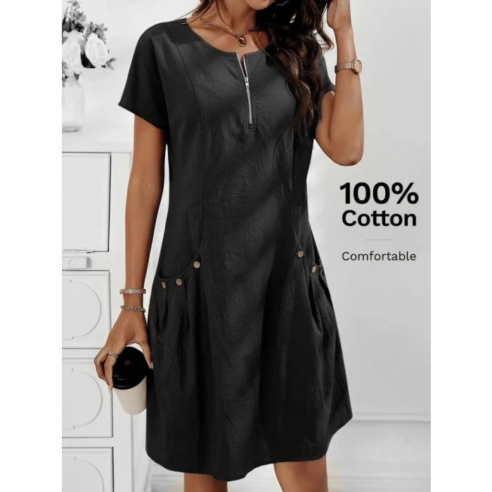 Kadın Kısa Kollu Yakası Açık Fermuarlı Cep Detaylı Ithal Keten Elbise