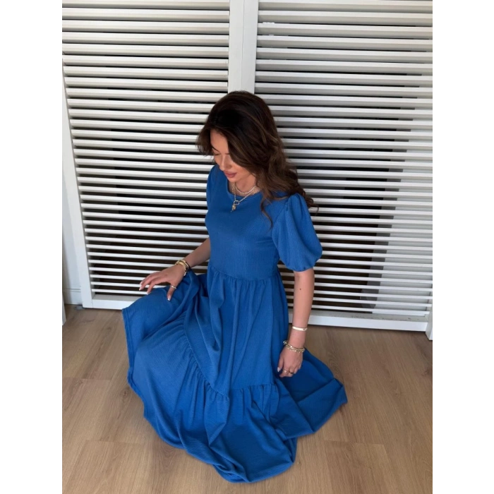 Kadın Kısa Kollu Yakası Açık Katlı Bürümcük Balon Elbise