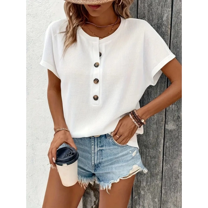 Kadın Kısa Kollu Yakası Açık önden Düğmeli Waffle Bluz