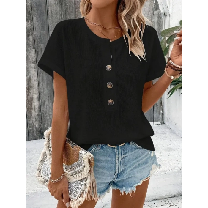 Kadın Kısa Kollu Yakası Açık önden Düğmeli Waffle Bluz