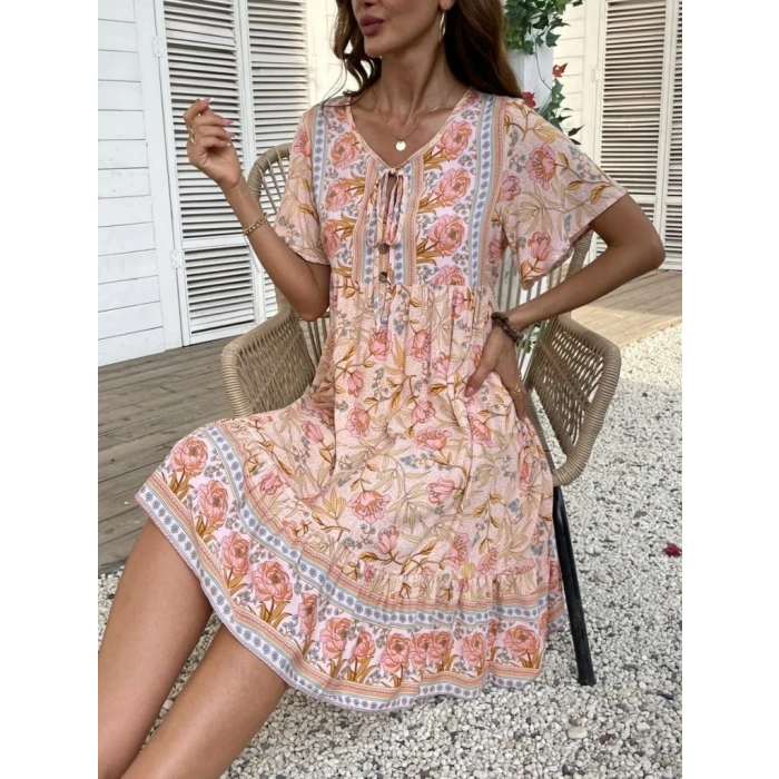 Kadın Kısa Kollu Yakası Bağcıklı önden Düğmeli Fırfır Desenli Süprem Elbise
