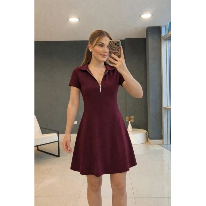 Kadın Kısa Kollu Yakası Fermuarlı Kısa Viskon Iki Iplik Elbise