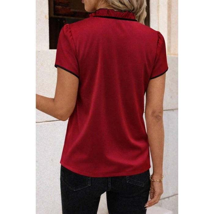 Kadın Kısa Kollu Yakası Fırfırlı Bağcıklı Janjan Krep Bluz