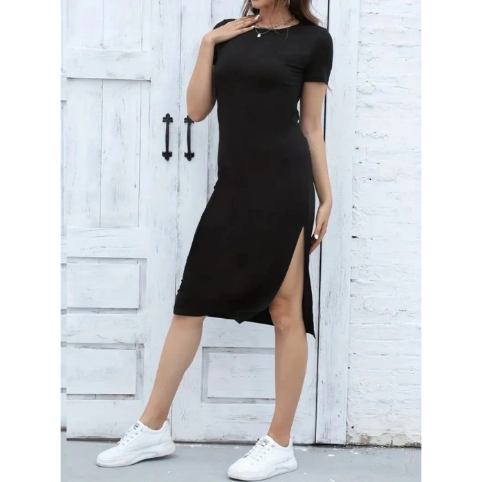 Kadın Kısa Kollu Yanı Yırtmaçlı Bisiklet Yaka Midiboy Viskon Elbise