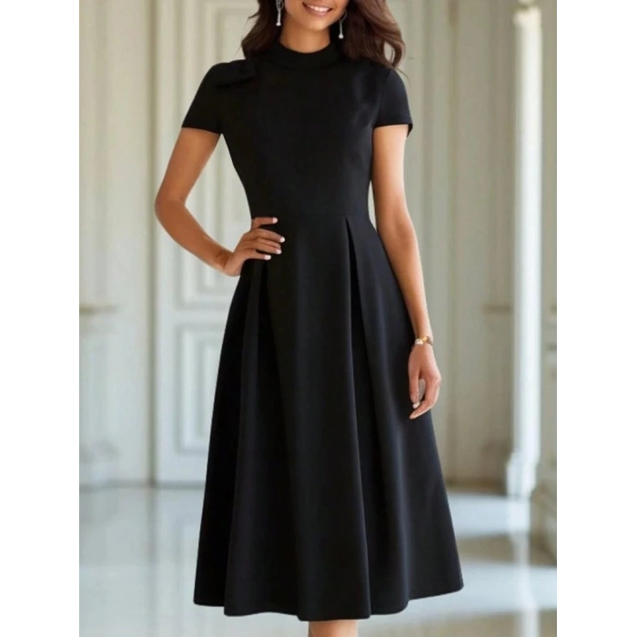 Kadın Kısa Kollu Yarı Balıkçı Yaka Pileli Janjan Krep Midi Elbise