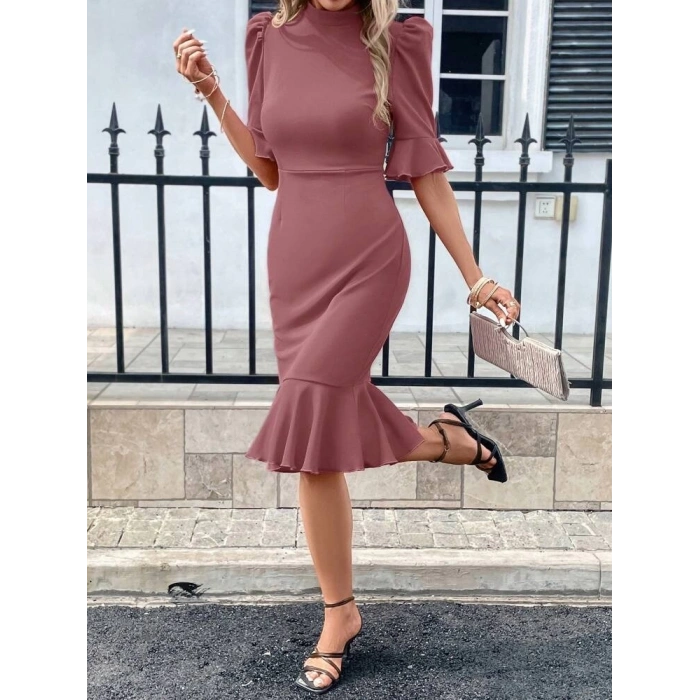 Kadın Kısa Kollu Yarı Balıkçı Yakalı Etek Ucu Fırfırlı Midi Ithal Krep Elbise