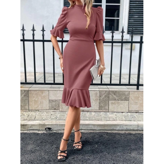 Kadın Kısa Kollu Yarı Balıkçı Yakalı Etek Ucu Fırfırlı Midi Ithal Krep Elbise