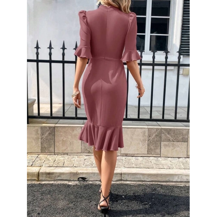 Kadın Kısa Kollu Yarı Balıkçı Yakalı Etek Ucu Fırfırlı Midi Ithal Krep Elbise
