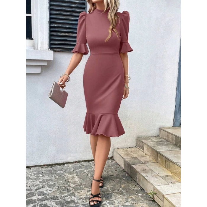 Kadın Kısa Kollu Yarı Balıkçı Yakalı Etek Ucu Fırfırlı Midi Ithal Krep Elbise