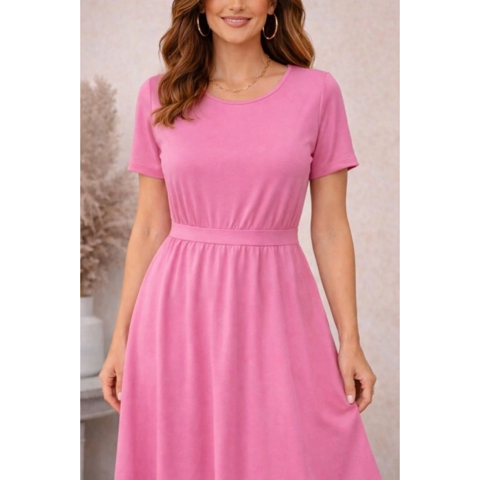 Kadın Kısa Kollu Yuvarlak Yaka Arkadan Düğmeli Viskon Midi Elbise