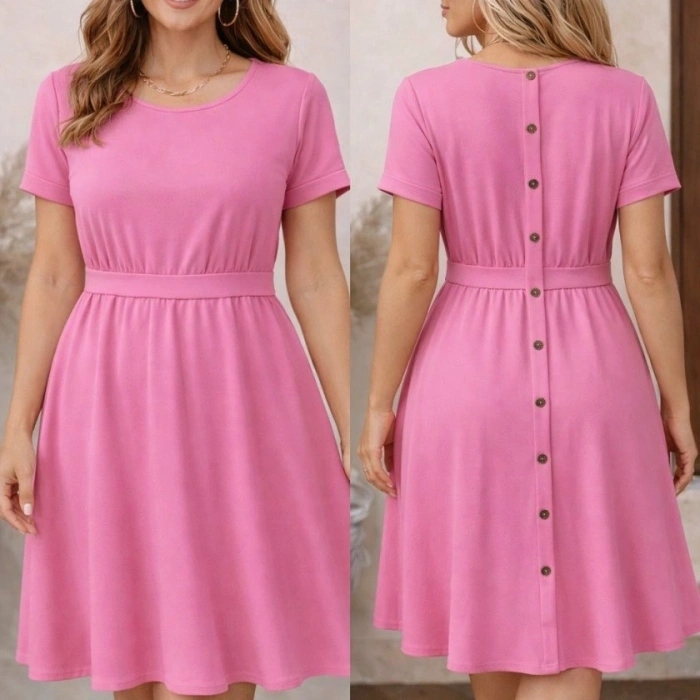 Kadın Kısa Kollu Yuvarlak Yaka Arkadan Düğmeli Viskon Midi Elbise