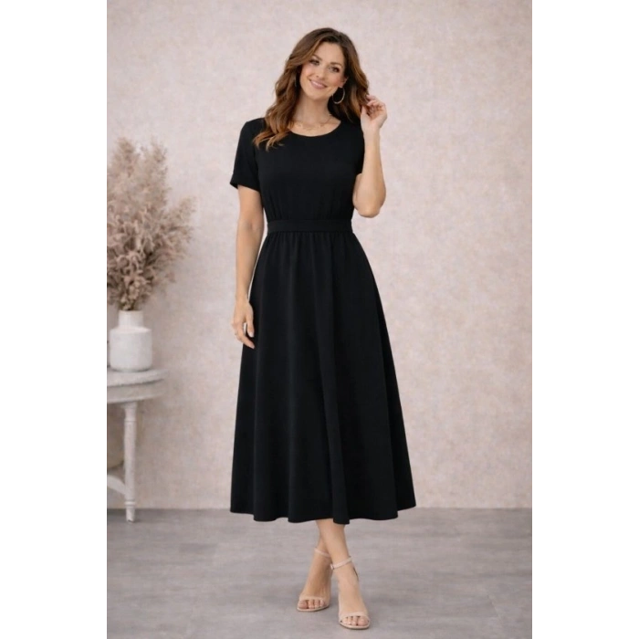 Kadın Kısa Kollu Yuvarlak Yaka Arkadan Düğmeli Viskon Midi Elbise