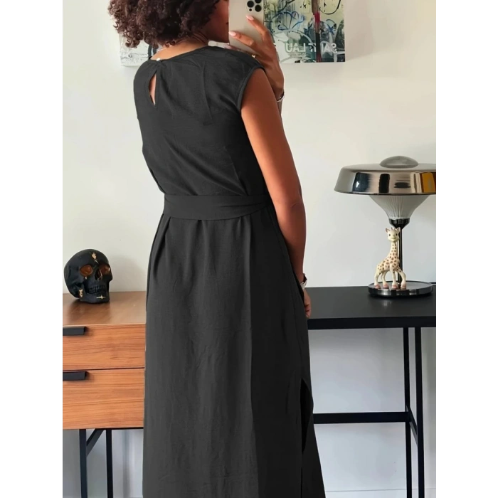 Kadın Kısa Kollu Yuvarlak Yaka Belden Bağcıklı önden Yırtmaçlı Aerobin Elbise