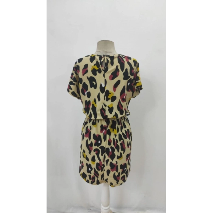 Kadın Kısa Kollu Yuvarlak Yaka Beli Kuşaklı Geometrik Desenli Süprem Elbise