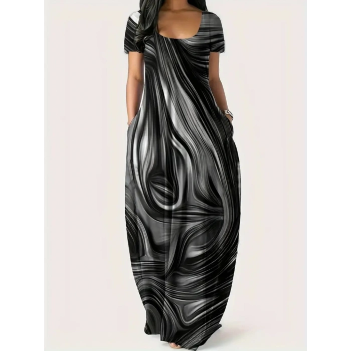 Kadın Kısa Kollu Yuvarlak Yaka Cepli Salaş Baskılı Süprem Elbise