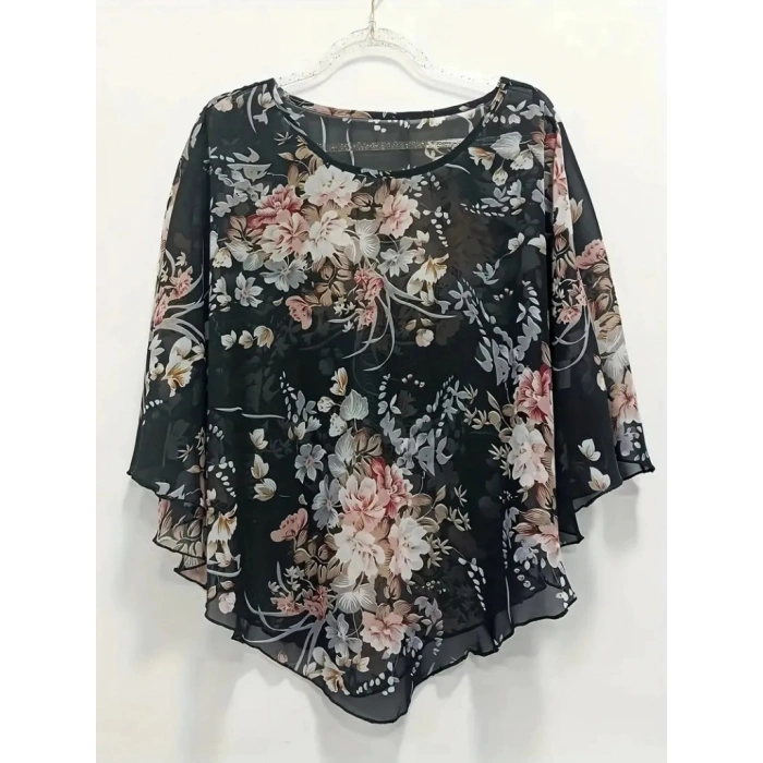 Kadın Kısa Kollu Yuvarlak Yaka çiçek Baskılı Asimetrik Kesim şifon Bluz