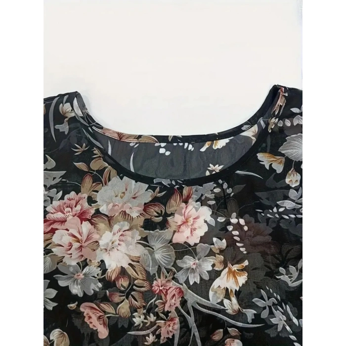 Kadın Kısa Kollu Yuvarlak Yaka çiçek Baskılı Asimetrik Kesim şifon Bluz